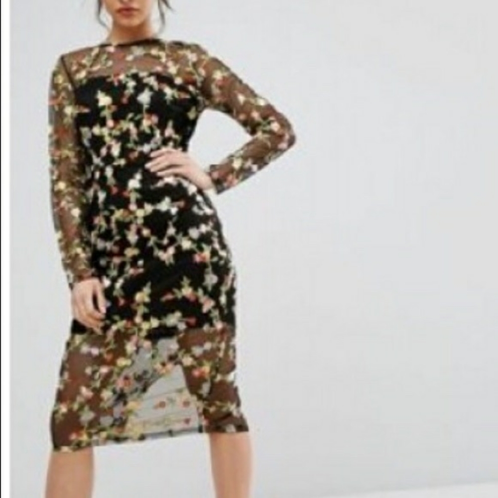 PrettyLittleThing Black Mesh Midi Dress with Multicolor Floral Embroidery